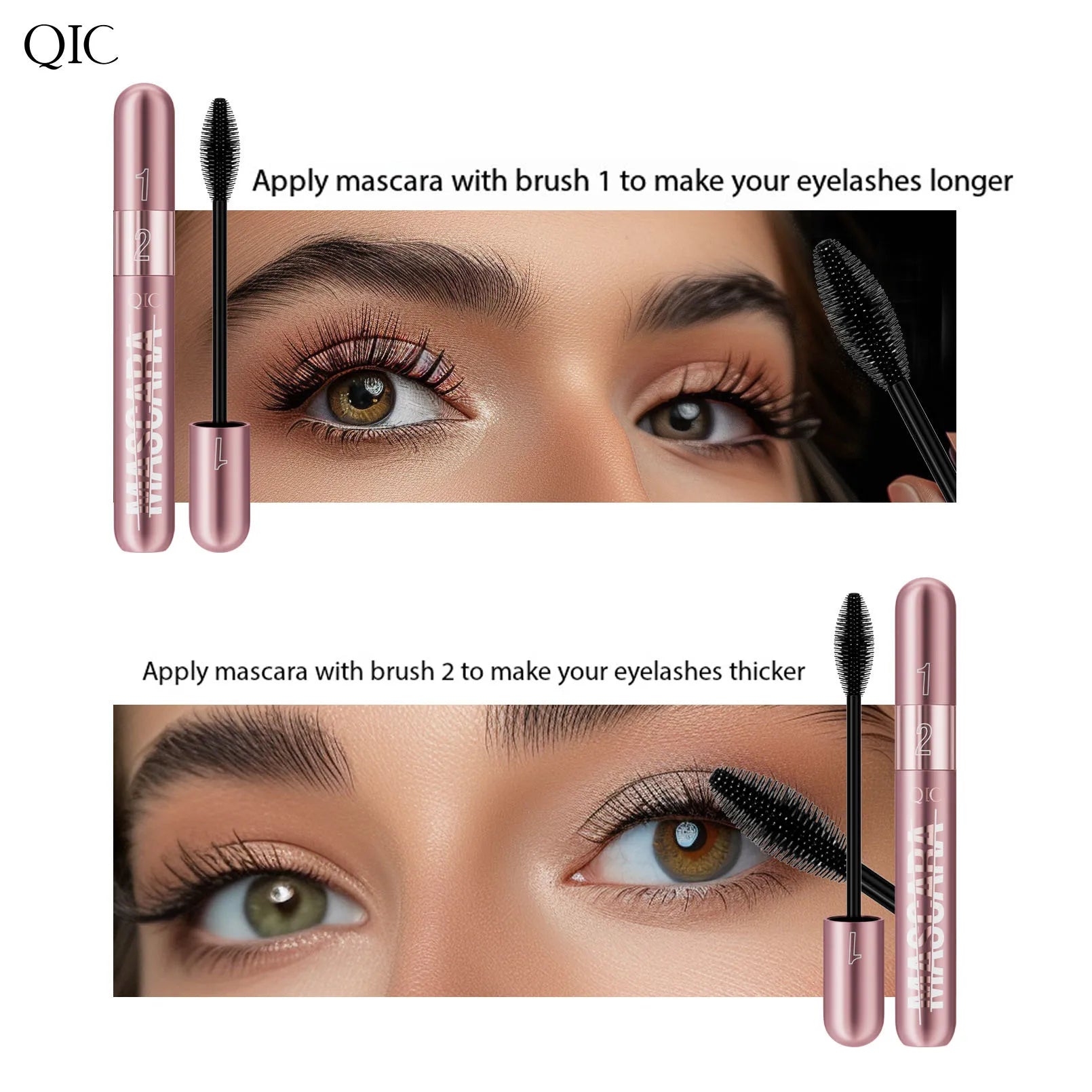 QIC new rose gold double-effect mascara, dense and slender two-in-one waterproof and non-smudging curled mascara.