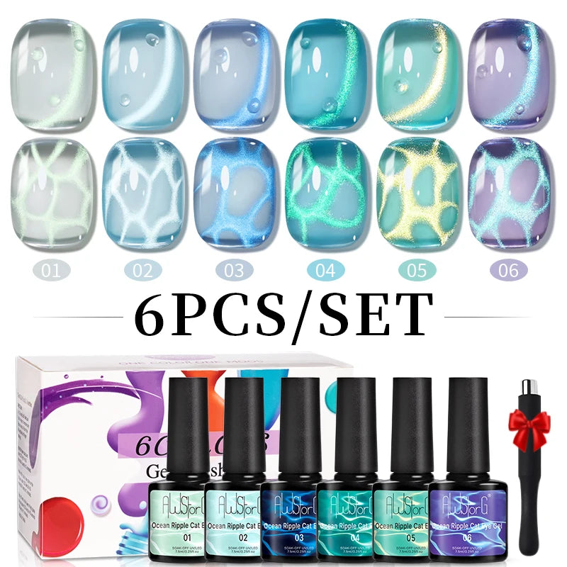 AWStorG 1-6pcs 7.5ml  Ocean Ripple Cat Eye Gel Nail Polish Aurora Flash Blue  Nude Glitter Color Magnet Nail Art Gel Salon Nails