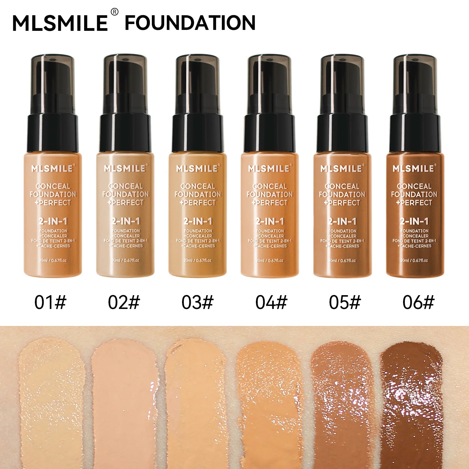 MLSMILE 6 color Liquid Foundation long-Lasting Waterproof, Moisturing Sweat resistant and easy to Oil-control