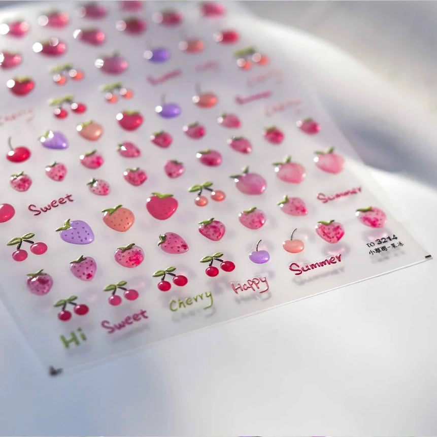 1pcs Cute Small Cat Claw Cherry Nail Art Charms Stickers Shiny 5D Jelly Cherry Pudding Bows Design Adhesive Sliders Nail Decals
