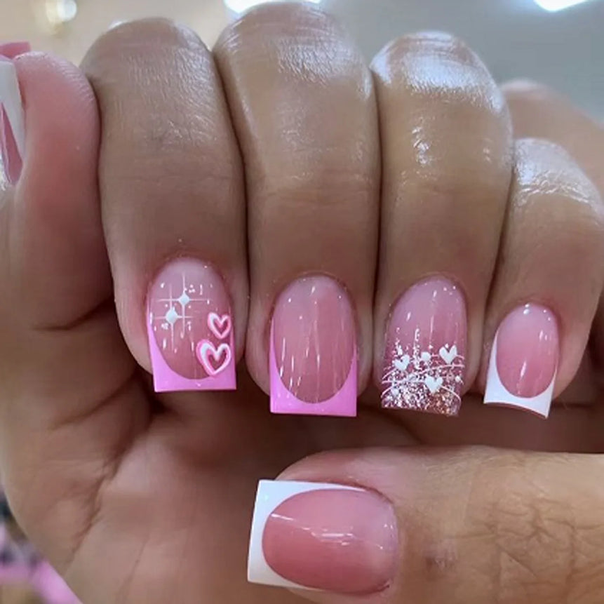 24Pcs Short False Nails with Shimmery Powder Ballet Nail Art Full Cover French Sheer Wearable Nail Manicure Tips for Girls Daily