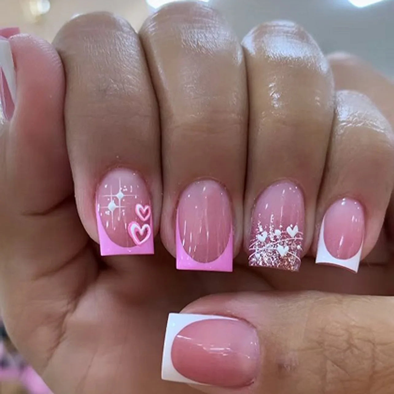 24Pcs Short False Nails with Shimmery Powder Ballet Nail Art Full Cover French Sheer Wearable Nail Manicure Tips for Girls Daily