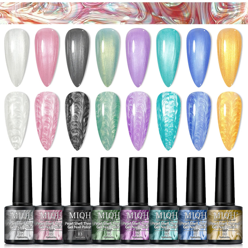 7ml Pearl Gel Nail Polish Set, White Purple Blue Glitter Shell Gel Polish, Soak Off UV LED Curing Pearlescent Gel Polish Swirl T