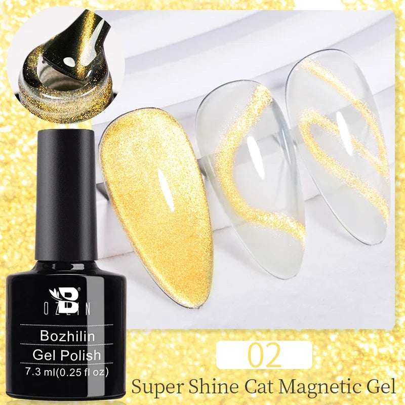 AWStorG 7.5ML Golden Gradient Cat Eye Magnetic Gel Sparkling Glitter Nail Polish Semi Permanent UV Nail Art No Need Base Color