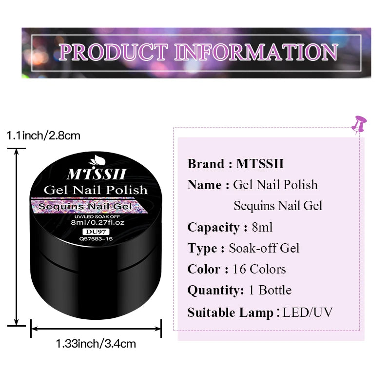 8ml Sequins Nail Gel Nail Polish Vibrant Blue Pink Colors Glitter Semi Permanent Soak Off UV LED Nail Art Varnish For Manicure