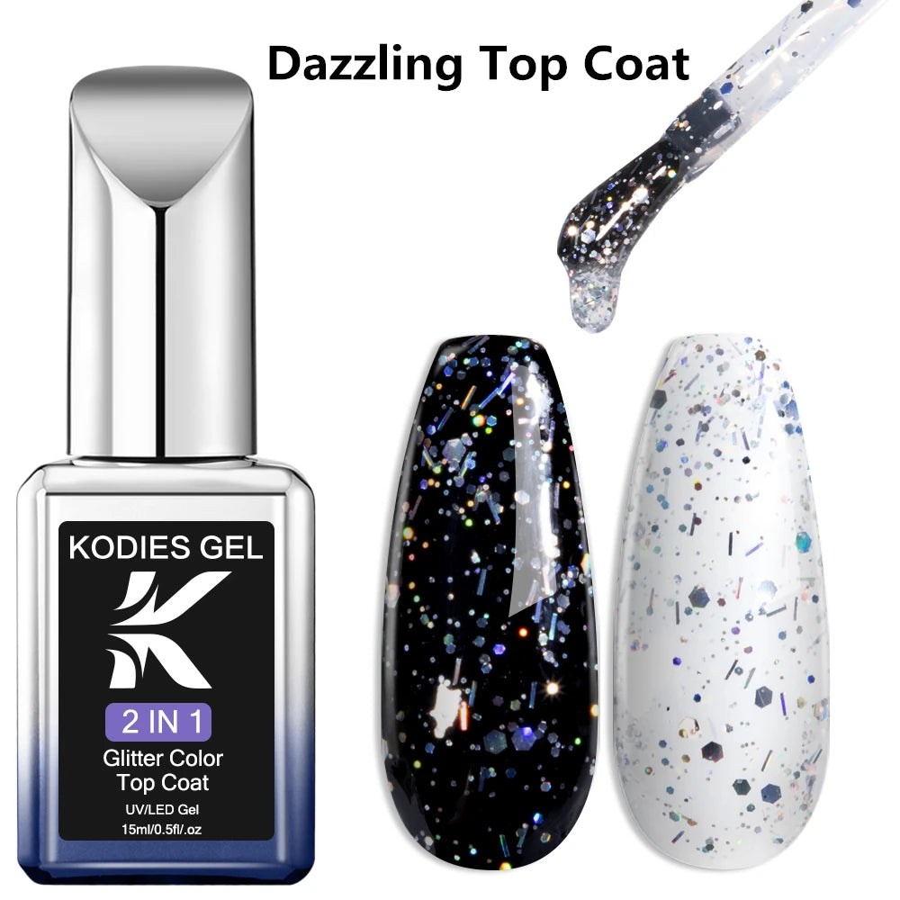 KODIES GEL Diamond Top Coat for Nail Varnish 15ML Super Shine UV Gel Nail Polish Soak Off Semi Permanent Glitter Topcoat No Wipe