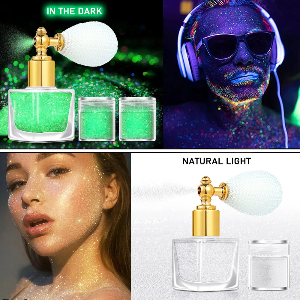 Body Glitter Spray Glow in The Dark Party Makeup Hair Glitter Extra Fine Face Shimmer Powder for Festival Glow Party Halloween