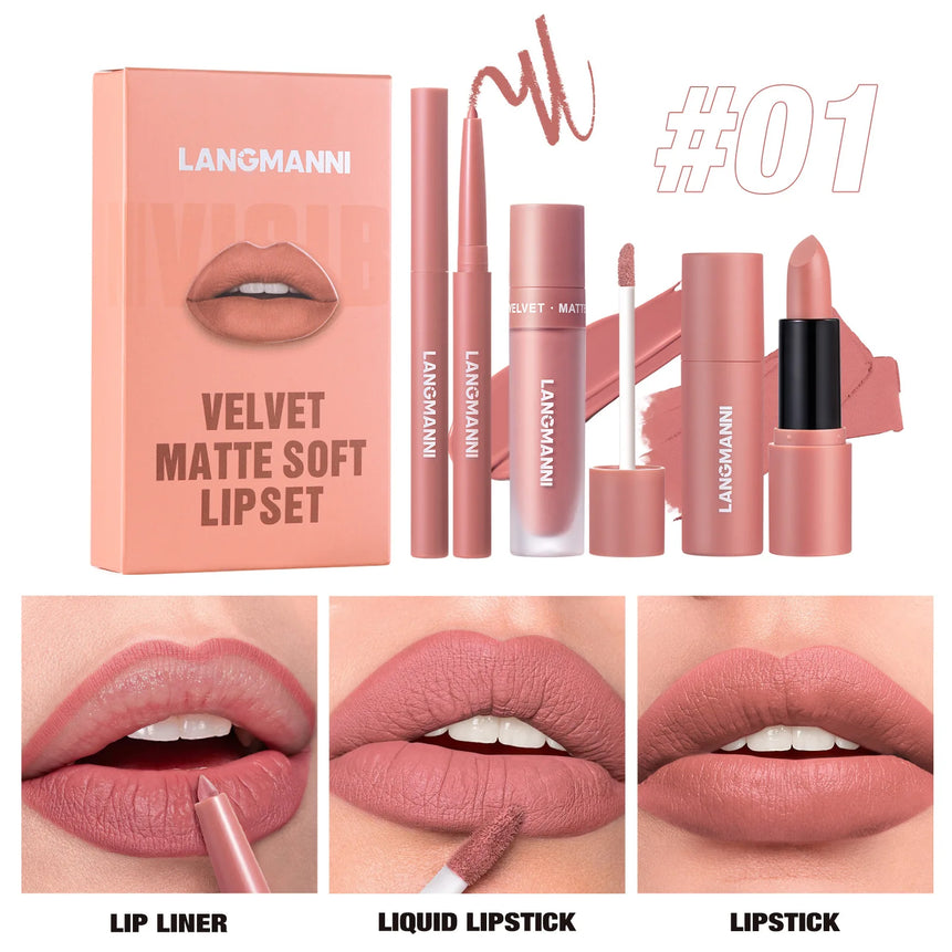 3pcs/Set Long Lasting Waterproof Lip Makeup Kit - Soft Smooth Creamy Lipliner Lipstick & Liquid Velvet Lipstick Set