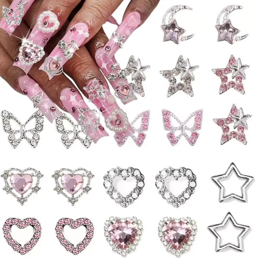 40PCS Star Nail Charms Silver 3D Star Charms Pink Nail Rhinestone Multi Style Nail Art Jewelry Dangle Stars Nail Decoration Y2K