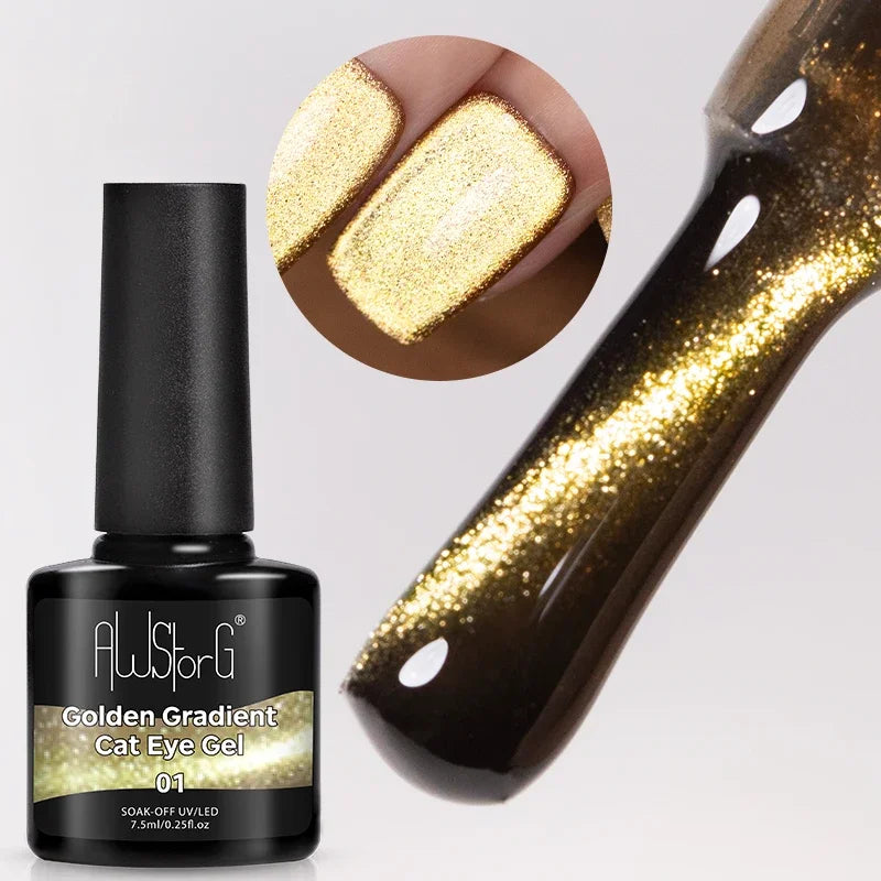 AWStorG 7.5ML Golden Gradient Cat Eye Magnetic Gel Sparkling Glitter Nail Polish Semi Permanent UV Nail Art No Need Base Color