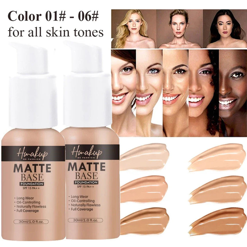 30ml 6-Color Matte Liquid Foundation | Oil-Control, Waterproof, Long-Lasting, Full Coverage, Natural Face Base and Concealer Makeup