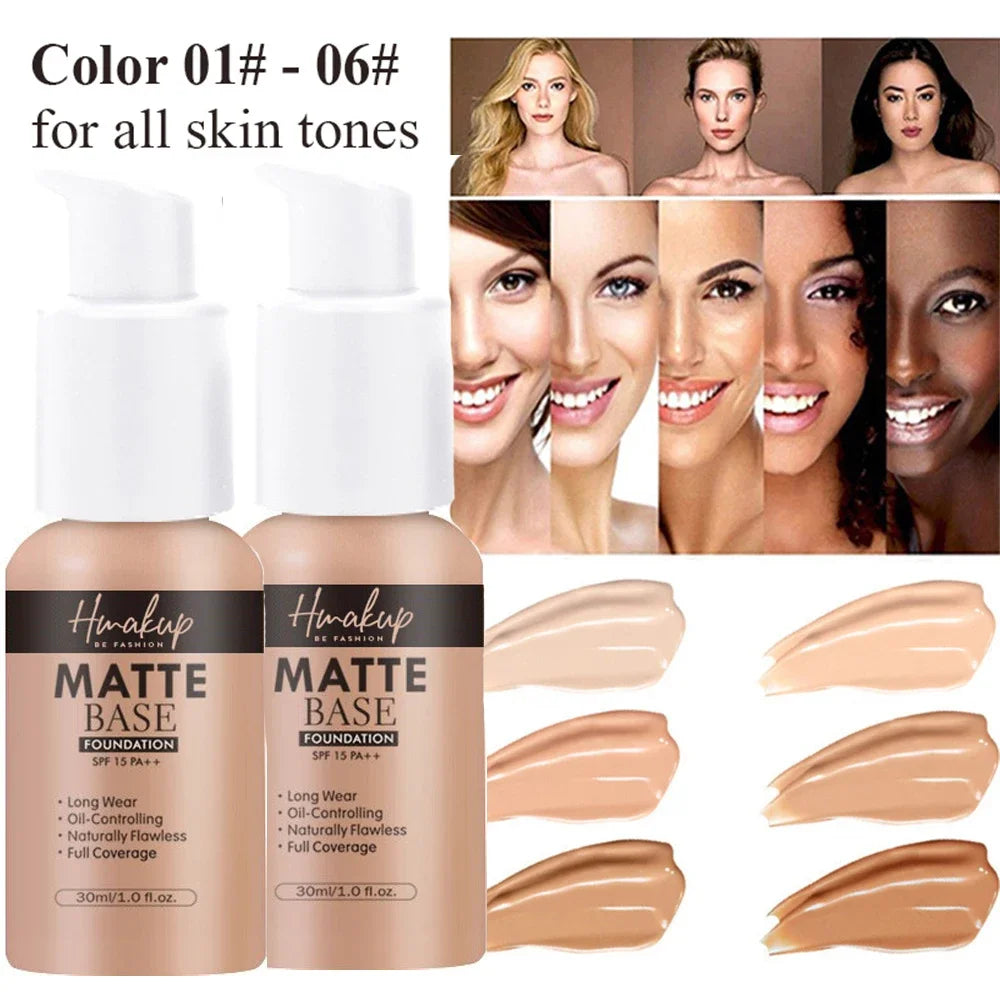 30ml 6-Color Matte Liquid Foundation | Oil-Control, Waterproof, Long-Lasting, Full Coverage, Natural Face Base and Concealer Makeup