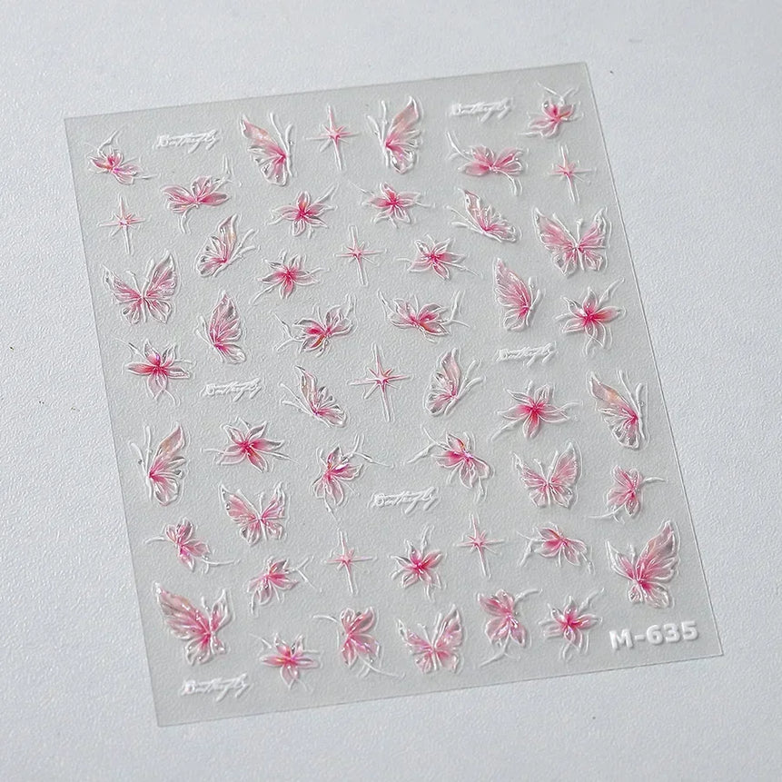 Shiny Jelly Butterfly Charming Golden Gradient Bowknot 5D Self Adhesive Nail Art Sticker Flower Petal Rhinestone Manicure Decals