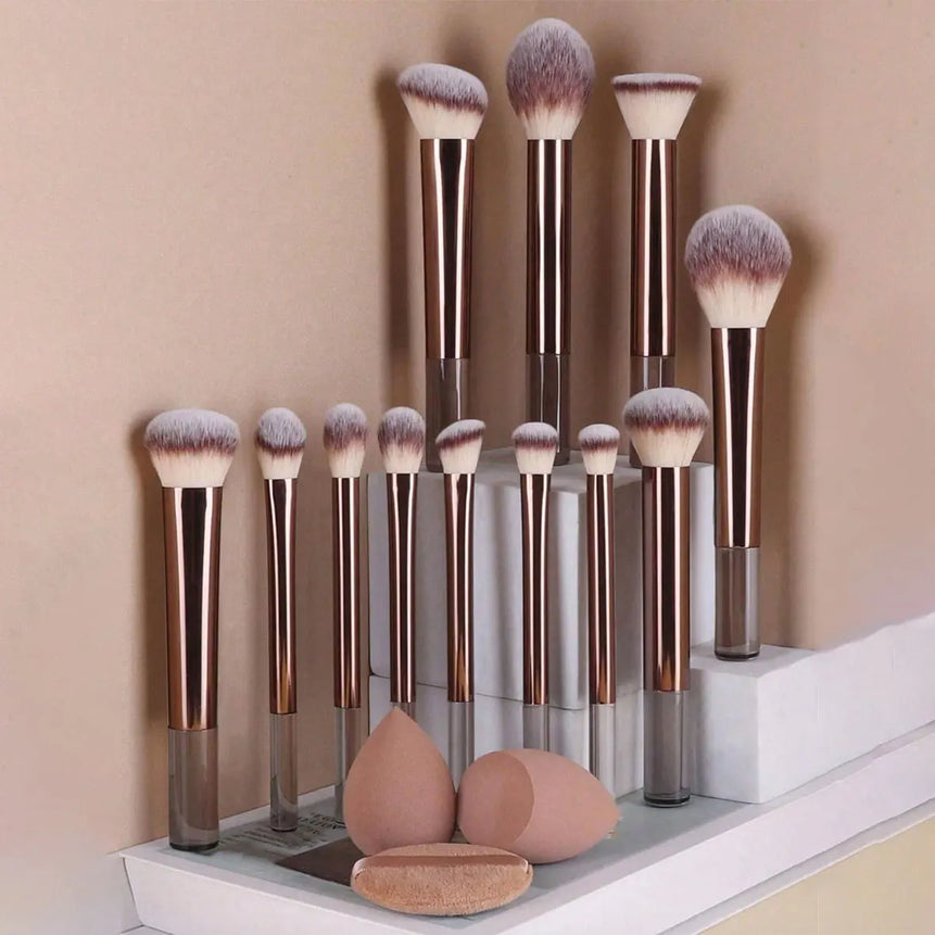 12pcs Professional Makeup Brush Set Incl. Eyeshadow, Powder, Blush Brushes, 2pcs Makeup Sponges, 1pc Powder Puff, Complete Trave