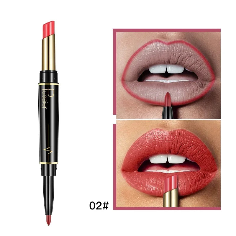 2 in 1 Lipstick and Lip Liner Pen, Matte Waterproof Long Lasting Lip Makeup Tool, Non-Fading Smooth Velvet Finish
