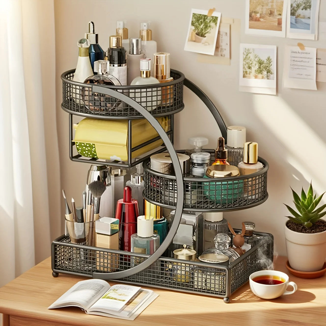 27-Inch 3-Tier Cast Iron Makeup Organizer, Bathroom Vanity Countertop Shelf, No-Assembly Wire Mesh Sturdy Space-Saving