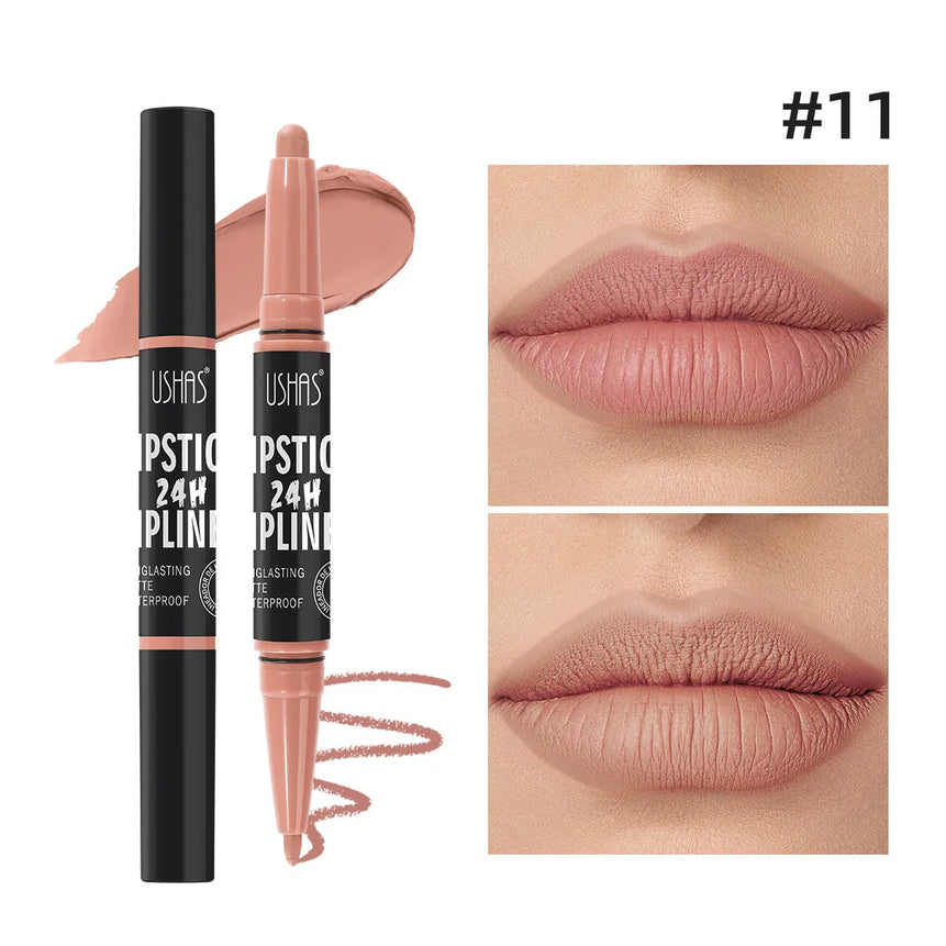 Waterproof Lipstick Lip Liner Contouring Crayon Non-stick Cup 2 IN 1 Double Headed Lipstick Matte Nude Sexy Lipliner Pen Makeup