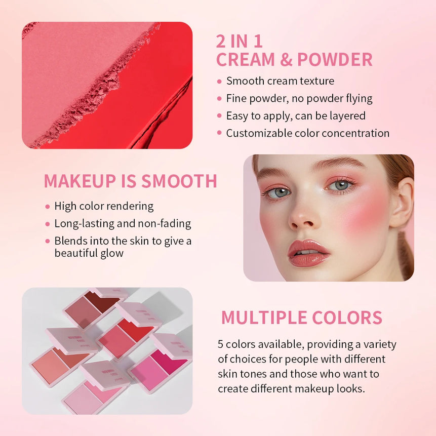 Lakerain 2in1 Cream & Powder Blush Palette Natural Long-lasting High Pigment Blush Makeup Pan Clear Vitality Girl Blush Palette