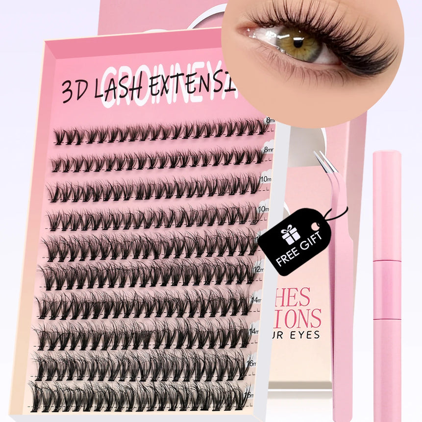 GROINNEYA DIY Lash Kit 10-18mm Manga Lashes Mixed Tray Lash Clusters Individual Eyelashes Kit with Lash Bond DIY Lashes