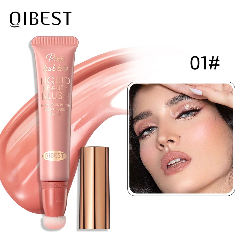QIBEST Liquid Highlight For Face With Cushion Applicator Natural-looking Cheek Tint Blush Dewy Finish Liquid Contour Makeup