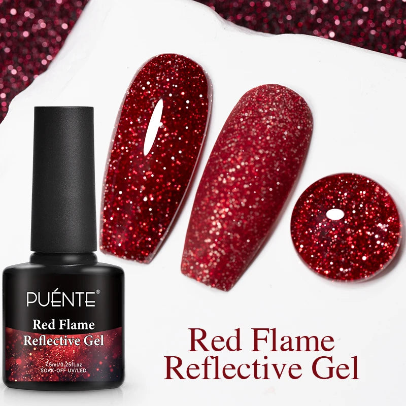 PUENTE 7.5ML Red Flame Reflective Gel Nail Polish Flash Sparkling Red Glitter Nail Gel Soak Off UV Semi-permanent Nail Varnish