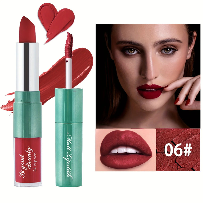 Dual Head Matte Velvety Finish Lipstick, Long Wear High Pigmented Not Sticky Cup Lip Gloss, Lip Stick + Liquid 2 IN 1