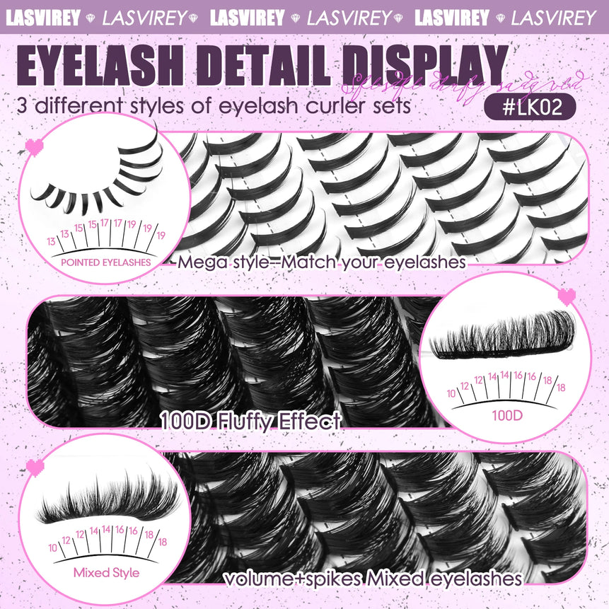 LASVIREY Lash Clusters DIY Spiky Cluster Lashes Mixed Styles Fluffy Volume Clusters Lashes Fluffy Individual Eyelashes Extension