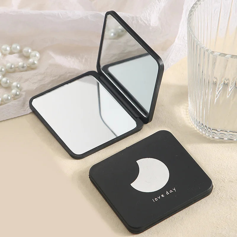 Dual-Sided Folding Compact Mirror - Travel Pocket Makeup Mirror with Flip Cover, Mini Black Creative Design for Purse/Students