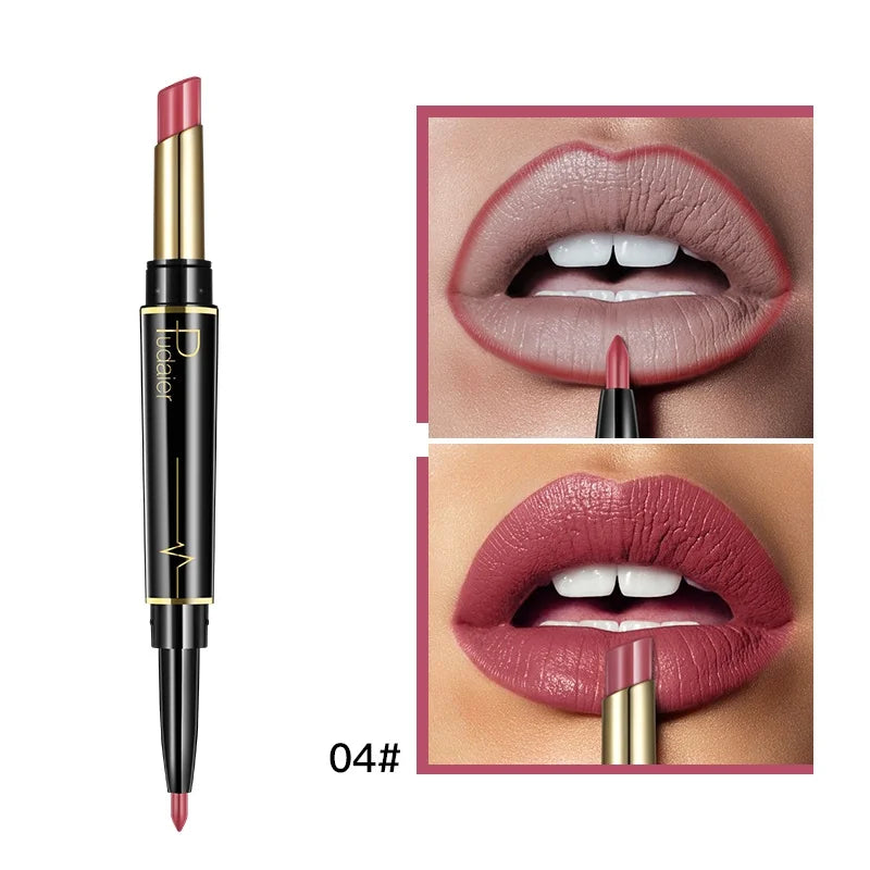 2 in 1 Lipstick and Lip Liner Pen, Matte Waterproof Long Lasting Lip Makeup Tool, Non-Fading Smooth Velvet Finish