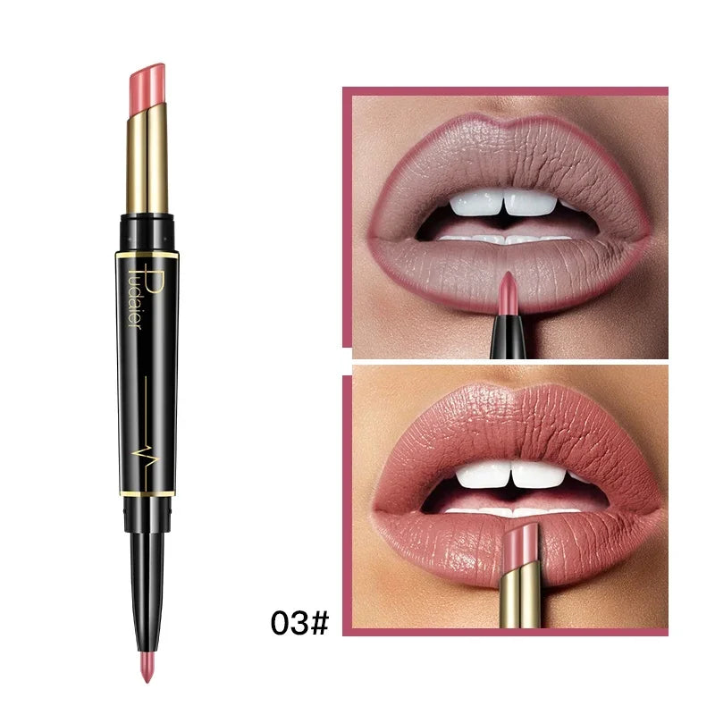 2 in 1 Lipstick and Lip Liner Pen, Matte Waterproof Long Lasting Lip Makeup Tool, Non-Fading Smooth Velvet Finish