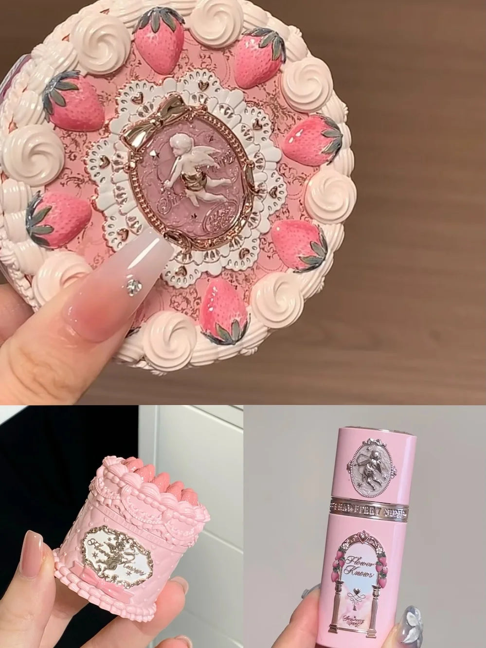 Fower Knows Strawberry Cupid Cosmetic Set Lipstick Blusher Setting Powder Gift Special Present for Girl Christmas Festival