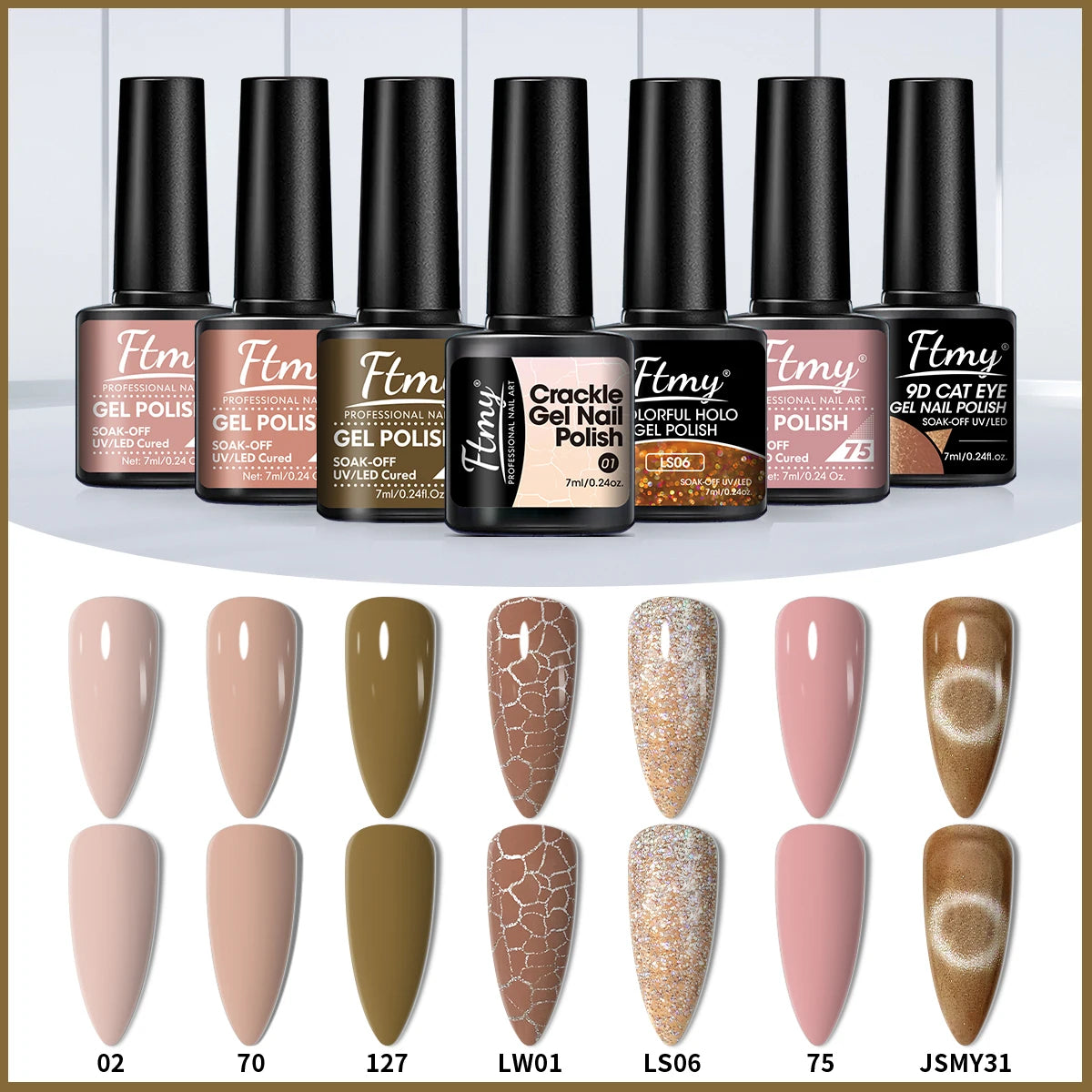7-piece gel nail polish set, all seasons gel nail polish set with glossy matte top coat and base coat for at-home manicure