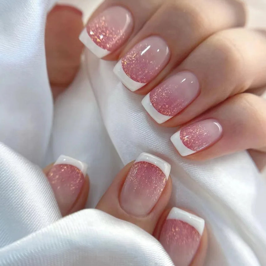 24Pcs Short False Nails with Shimmery Powder Ballet Nail Art Full Cover French Sheer Wearable Nail Manicure Tips for Girls Daily