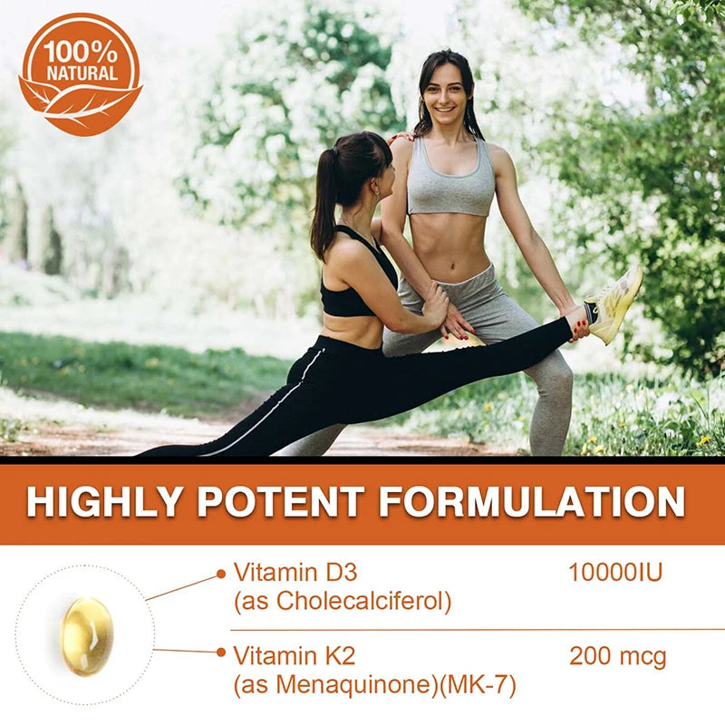 Vitamin D3 10000 IU with K2 200 Mcg | 2 in 1 Support Immune, Heart, Joint, Teeth & Bone Health