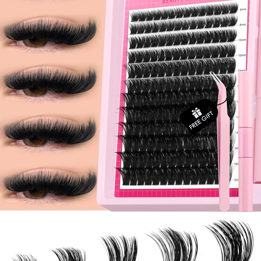 GROINNEYA Lash Clusters Kit Fluffy Individual Lashes C Curl Cluster DIY Lash Extension Kit Lash Bond and Seal Eyelash Extensions