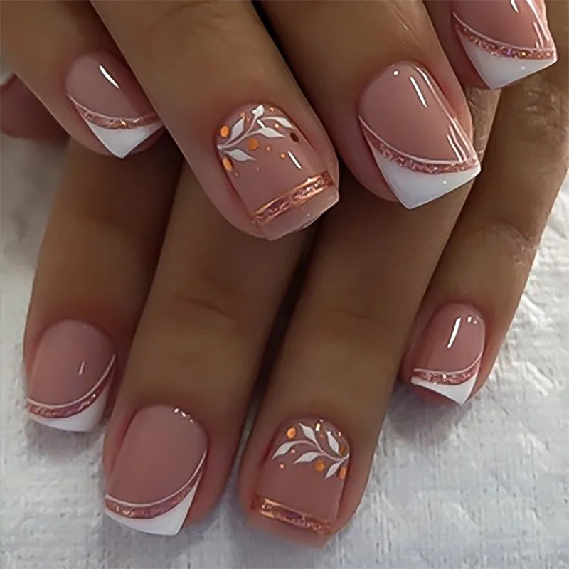 24Pcs Short False Nails with Shimmery Powder Ballet Nail Art Full Cover French Sheer Wearable Nail Manicure Tips for Girls Daily