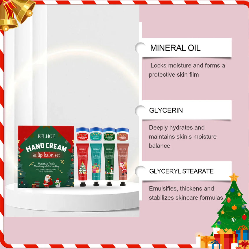 Christmas Hand Cream Lip Balm Set Gift Box Nourishing Moisturizing Anti-dry Cracked Softening Skin Festive Holiday Present