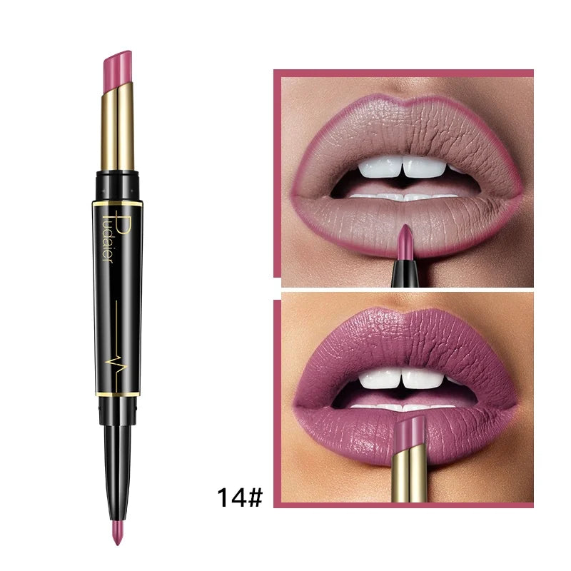 2 in 1 Lipstick and Lip Liner Pen, Matte Waterproof Long Lasting Lip Makeup Tool, Non-Fading Smooth Velvet Finish