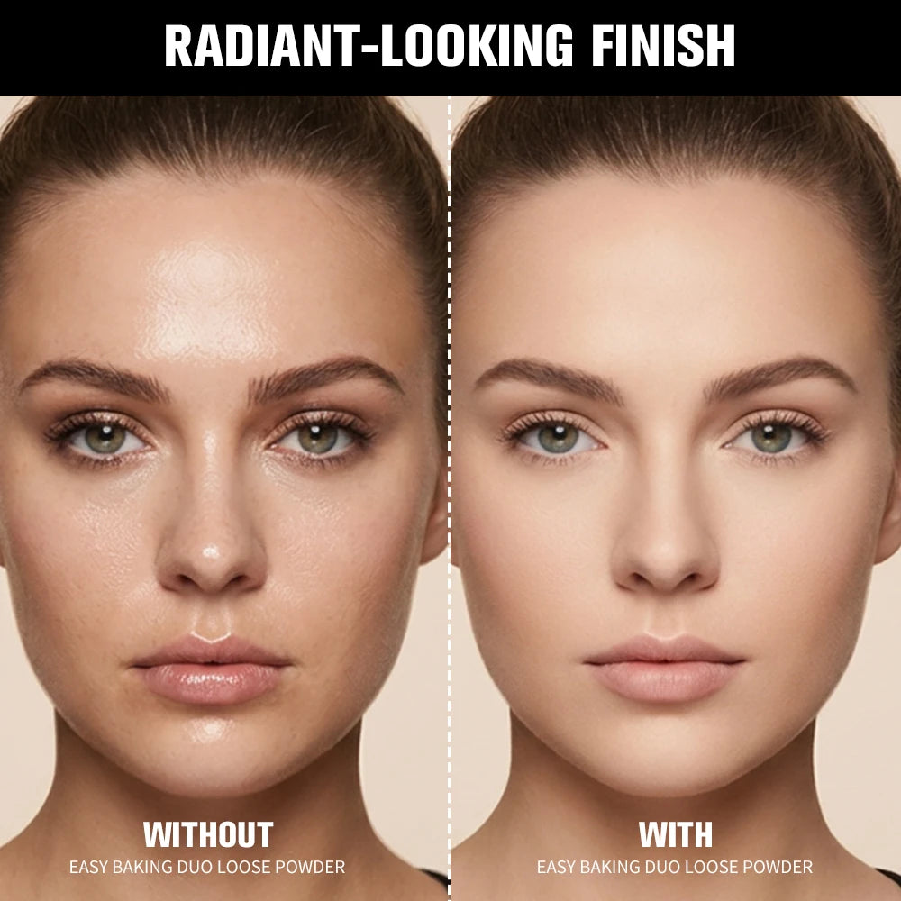 2 in 1 Bake Loose Powder Brightening&Correcting Duo Brightening Correcting Blurred Pores Matte LongLasting Setting Powder Makeup