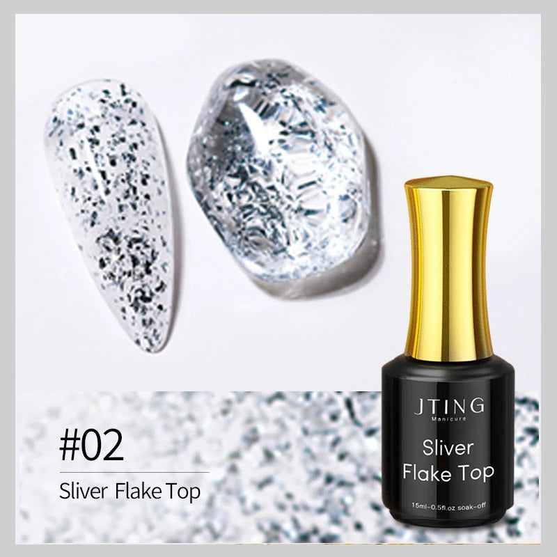 JTING 1pc 15ml Popular Glitter Chrome Foil Flakes Gold Sliver Top Coat Base Gel Polish