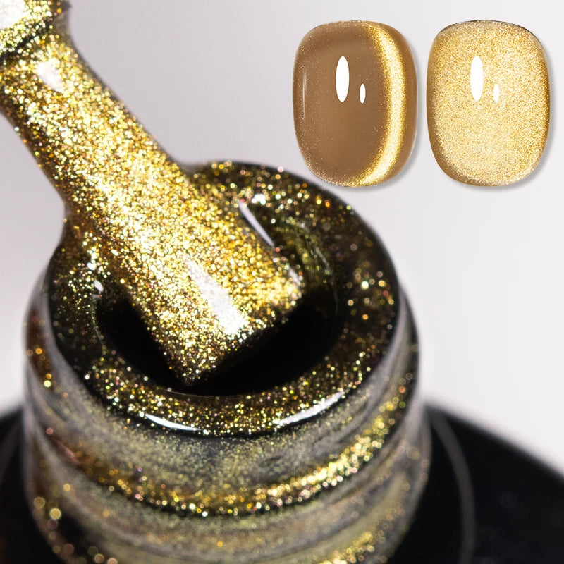 AWStorG 7.5ML Golden Gradient Cat Eye Magnetic Gel Sparkling Glitter Nail Polish Semi Permanent UV Nail Art No Need Base Color