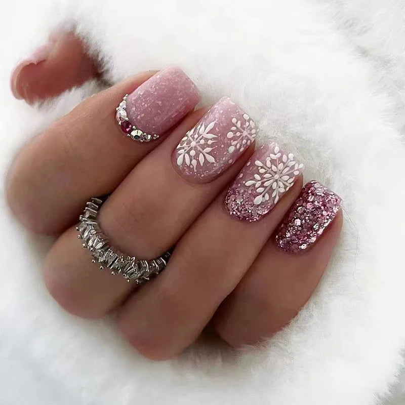 24Pcs Medium Short Square False Nails Glittering Nail Art White Wearable Fake Nail Silver French Full Cover Press on Nail Tips