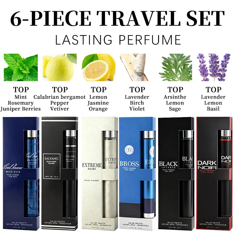 6-piece travel set, men's and women's eau de toilette spray, long-lasting fragrance, 6 different flavors, perfect for holiday gi