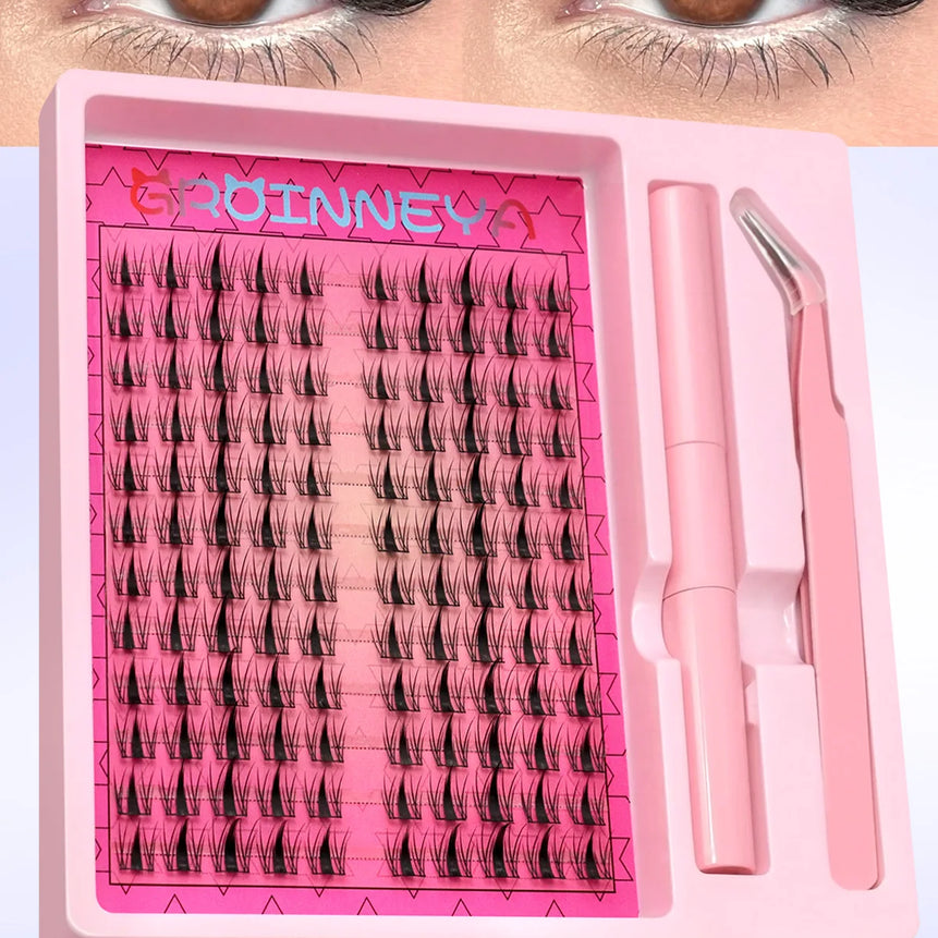 GROINNEYA Manga Lash Clusters Kit Cat Lashes with Lash Bond & Seal Cluster Eyelash Extensions Eyelash Clusters Kit DIY Lashes