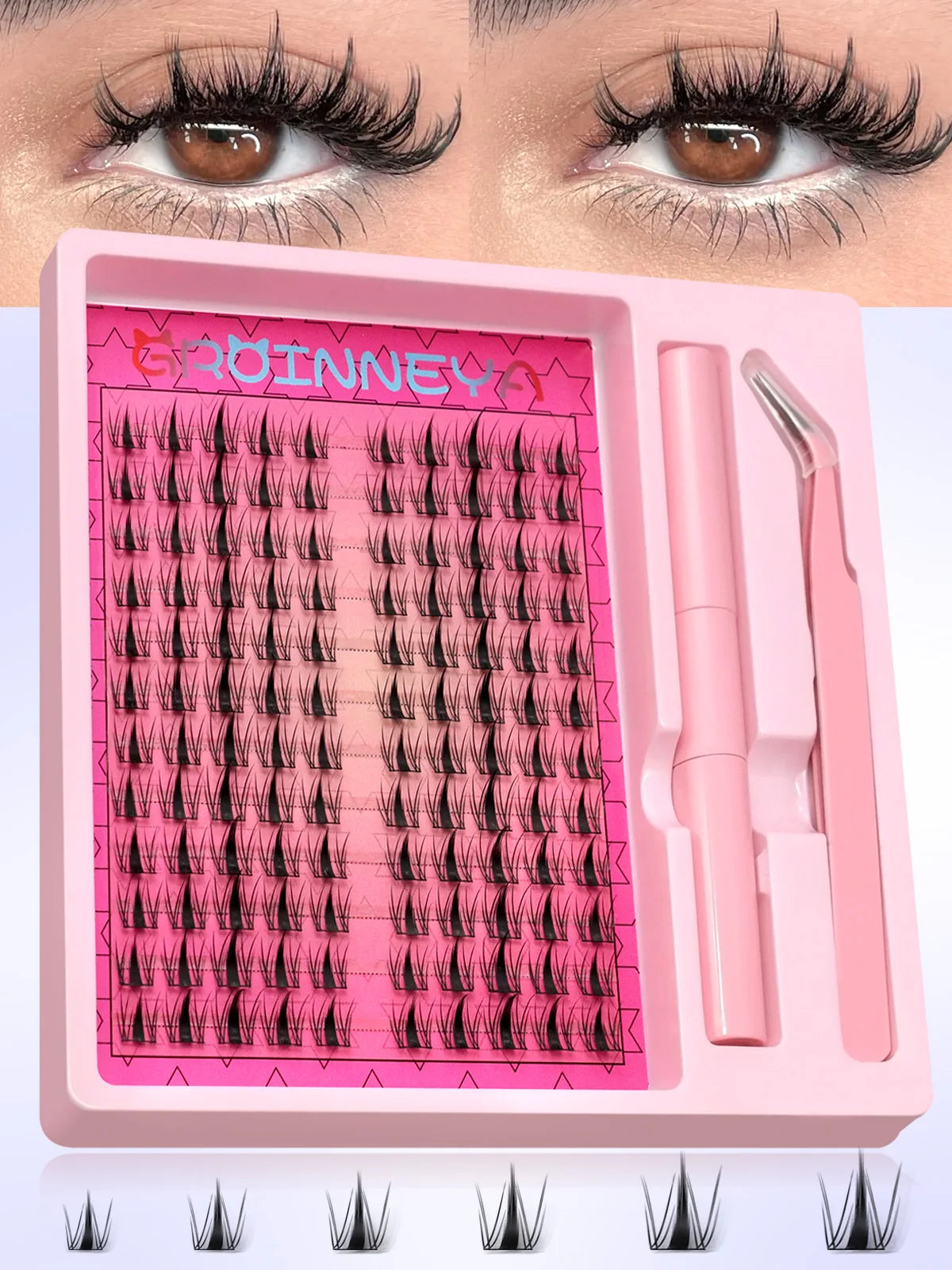 GROINNEYA Manga Lash Clusters Kit Cat Lashes with Lash Bond & Seal Cluster Eyelash Extensions Eyelash Clusters Kit DIY Lashes