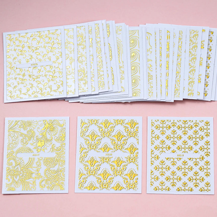 30 Sheets Gold Metallic Flowers Vine Nail Art Decals  3D Lace Flower Nail Sticker Self-Adhesive Nail Art Decoration 5.5*6.5cm