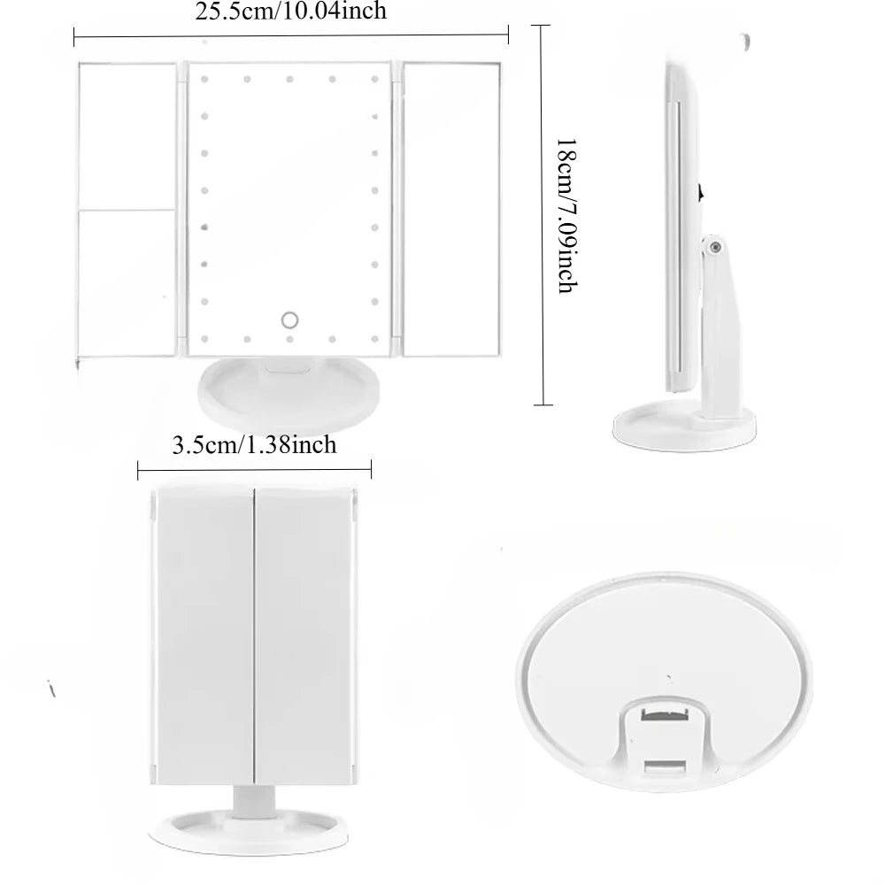 LED Vanity Makeup Mirror with Touch Control, Adjustable Lighting 1X, 2X, 3X Magnification, Trifold Design Ideal Gift for Women