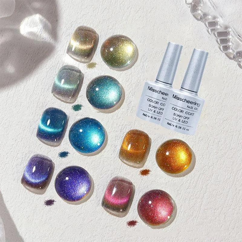 6PCS ASHE Holographic Glitter Neon Cat Eye Gel Nail Polish Set with Free Magnet, Cateye Blue Green Purple Soak Off Gel Polish