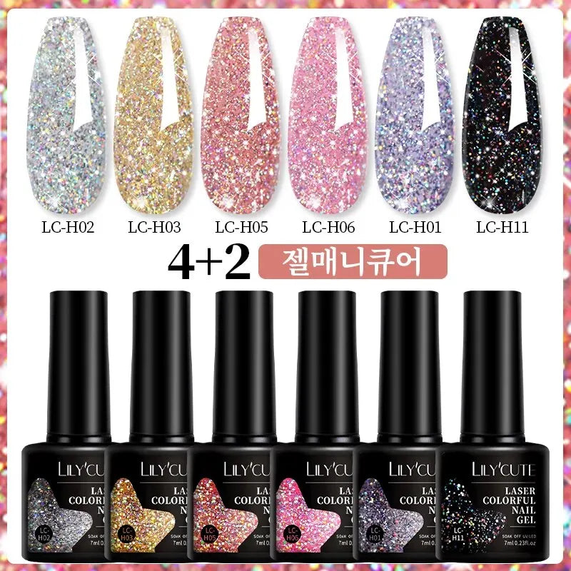 LILYCUTE 7ml 6Pcs/Set Glitter Gel Nail Polish Vernis Semi Permanent Glitter Polish DIY Nail Art Soak Off LED UV Gel