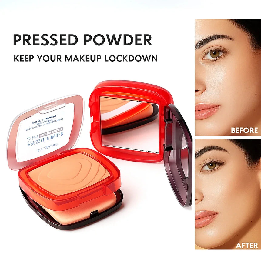 Waterproof Matte Pressed Powder Full Coverage Oil Control 24H Weightless Foundation Long Lasting Non Caking Finishing